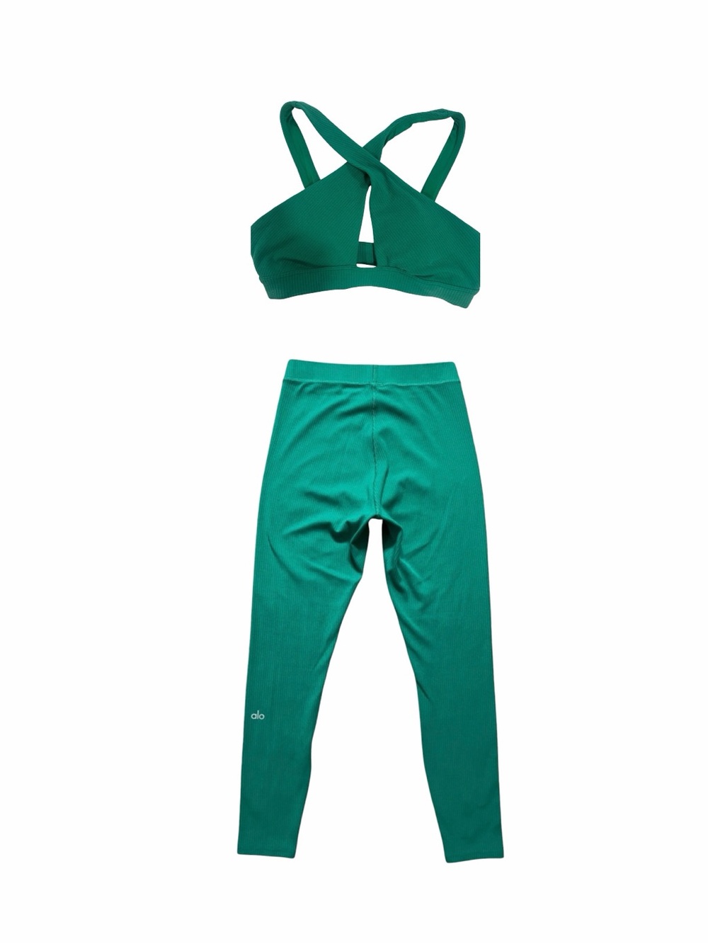 Alo Yoga Ribbed Blissful Set Green Teal 7/8 Leggings Sports Bra Athleisure
